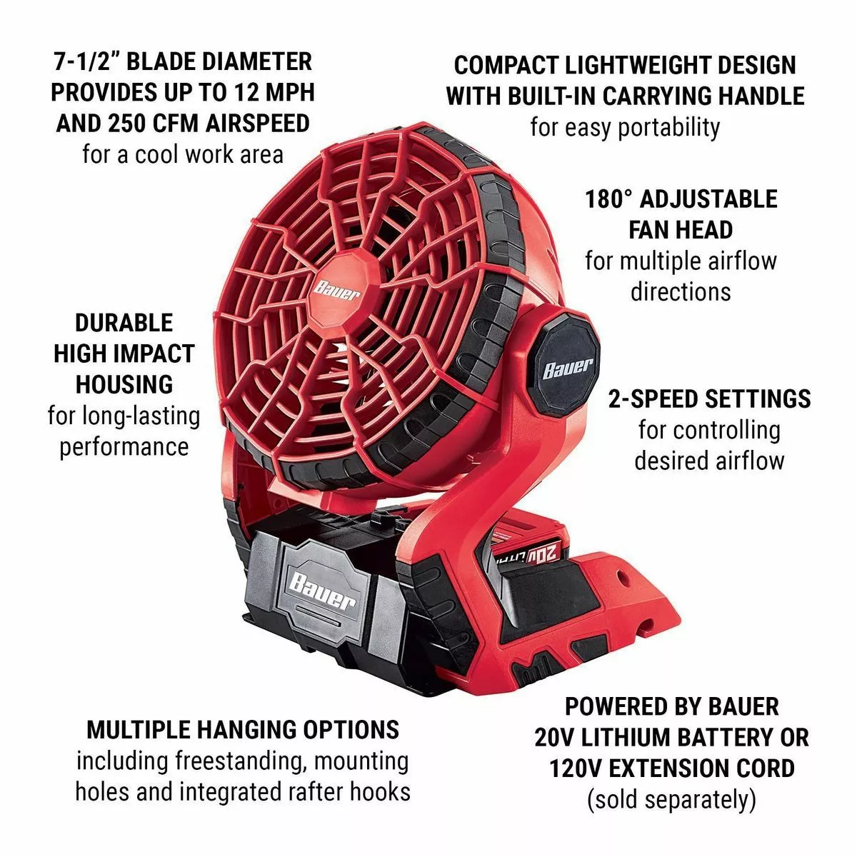 BAUER 20V/120V Cordless Dual Power Fan - Tool Only 5 BAUER 20V/120V Cordless Dual Power Fan - Tool Only - Image 5