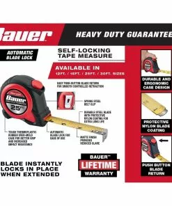 BAUER 25 ft. Self-Locking Tape Measure -Electrical Tools Shop 56350 W13