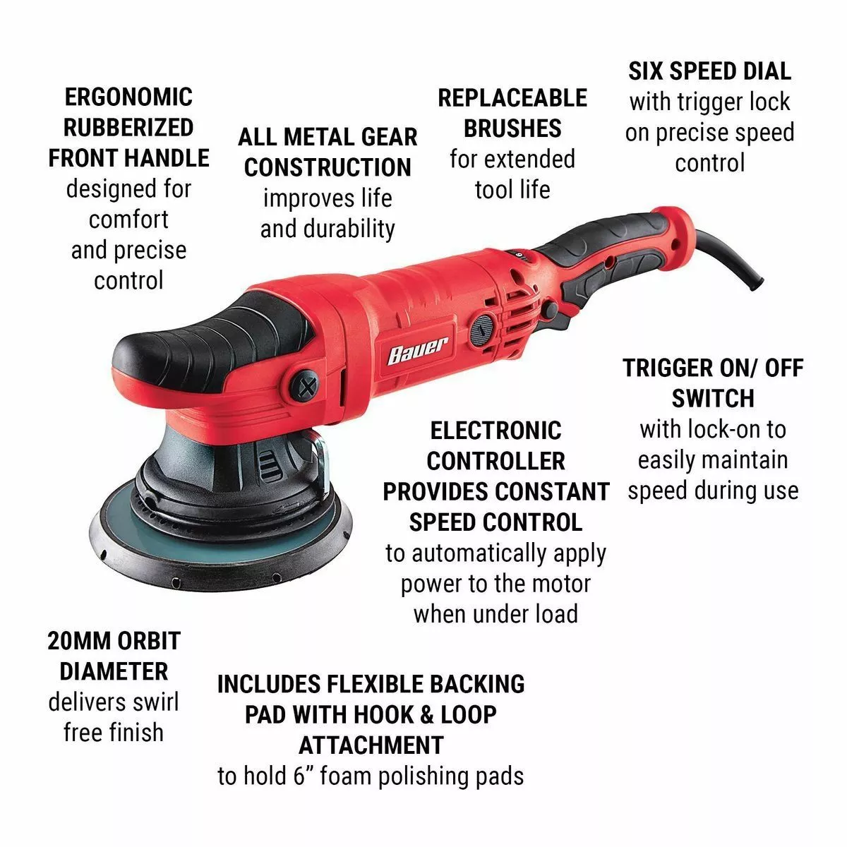 BAUER 7.5 Amp 6 in. Long-Throw Random Orbit DA Polisher 3 BAUER 7.5 Amp 6 in. Long-Throw Random Orbit DA Polisher - Image 3