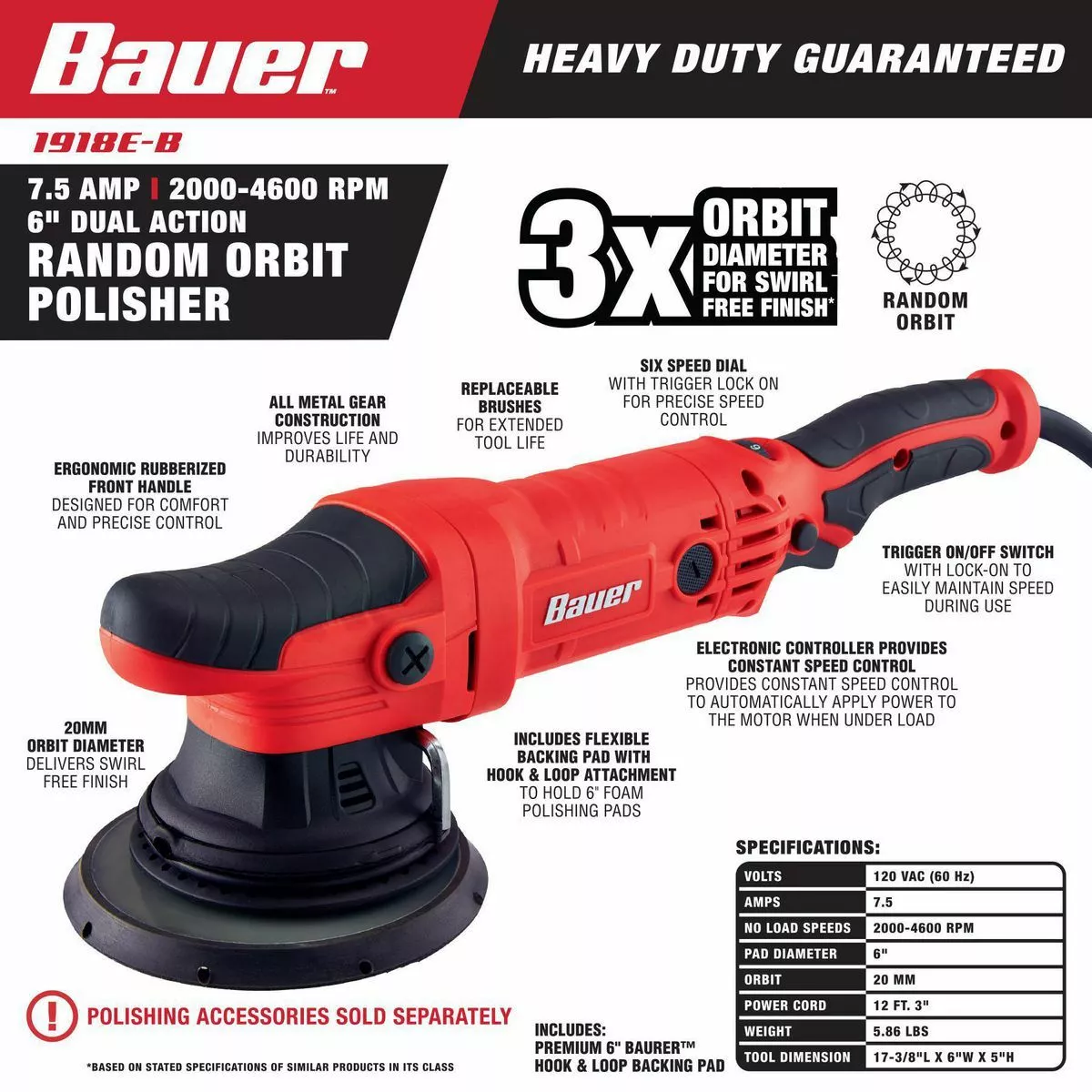 BAUER 7.5 Amp 6 in. Long-Throw Random Orbit DA Polisher 4 BAUER 7.5 Amp 6 in. Long-Throw Random Orbit DA Polisher - Image 4