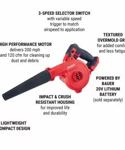 BAUER 20V Cordless 200 MPH Compact Workshop Blower - Tool Only -Electrical Tools Shop 56416 W2
