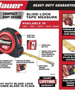 BAUER 25 ft. Slide-Lock Tape Measure -Electrical Tools Shop 56676 W2SS