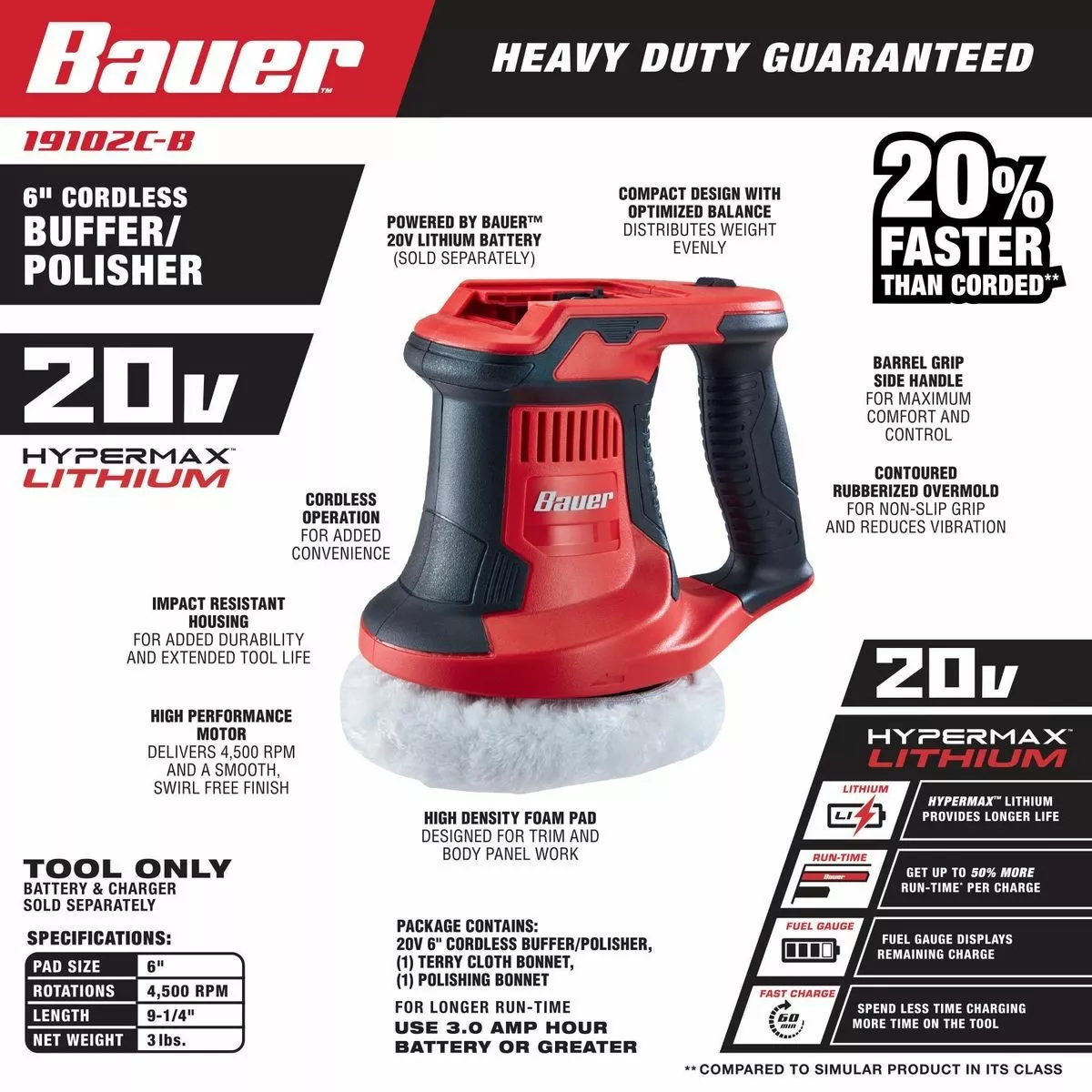 BAUER 20V Cordless 6 in. Compact Orbital Polisher/Buffer – Tool Only 7 BAUER 20V Cordless 6 in. Compact Orbital Polisher/Buffer – Tool Only - Image 7