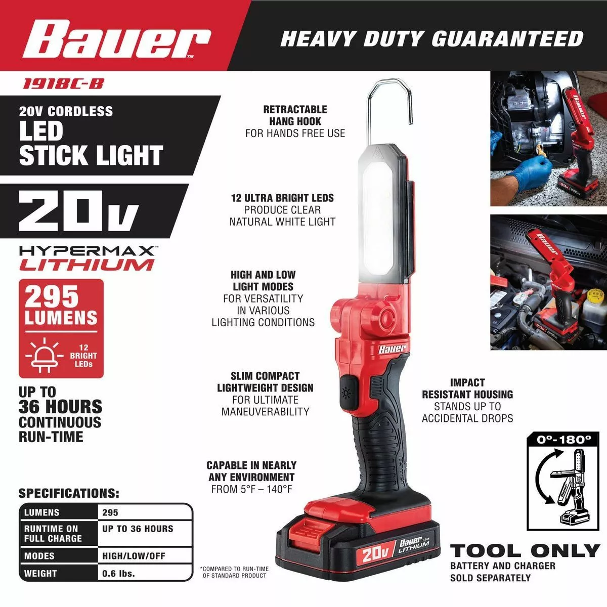 BAUER 20V Cordless 295 Lumen Stick Light – Tool Only 5 BAUER 20V Cordless 295 Lumen Stick Light – Tool Only - Image 5