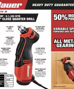 BAUER 3.5 Amp 3/8 in. Variable Speed Close Quarters Drill -Electrical Tools Shop 57148 W2SS