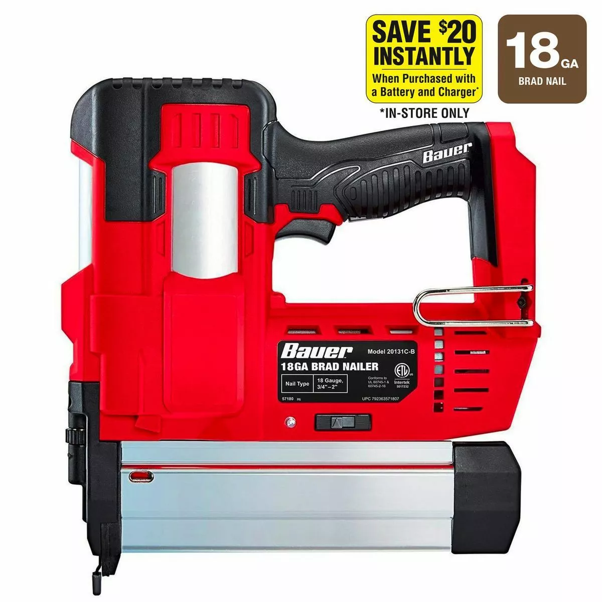 BAUER 20V Cordless 18 Gauge Brad Nailer - Tool Only 3 BAUER 20V Cordless 18 Gauge Brad Nailer - Tool Only - Image 3