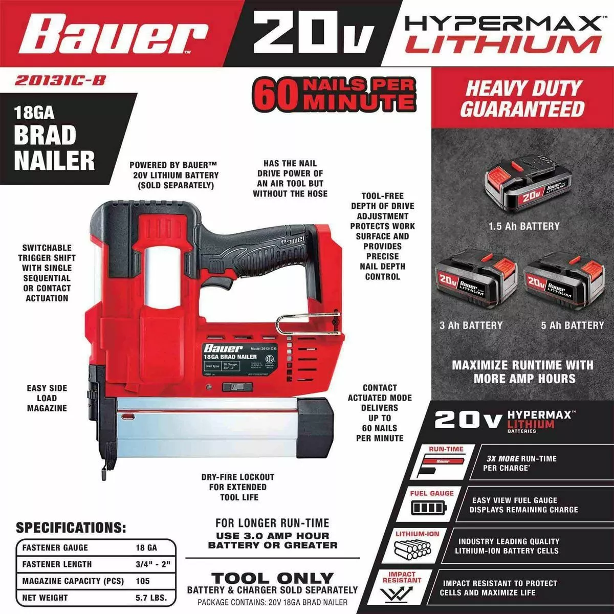 BAUER 20V Cordless 18 Gauge Brad Nailer - Tool Only 5 BAUER 20V Cordless 18 Gauge Brad Nailer - Tool Only - Image 5