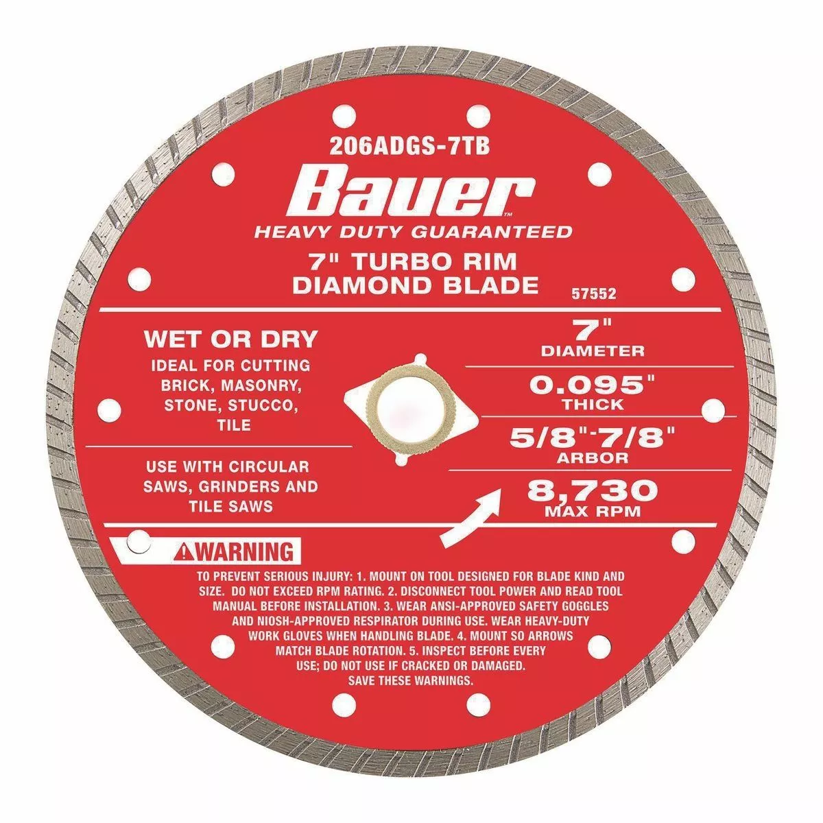 BAUER 7 in. Turbo Rim Wet or Dry Cut Diamond Saw Blade 1 BAUER 7 in. Turbo Rim Wet or Dry Cut Diamond Saw Blade