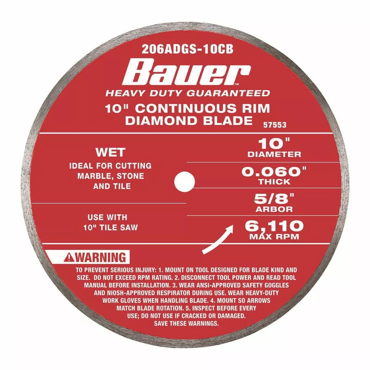 BAUER 10 in. Continuous Rim Wet Cut Diamond Saw Blade 1 BAUER 10 in. Continuous Rim Wet Cut Diamond Saw Blade