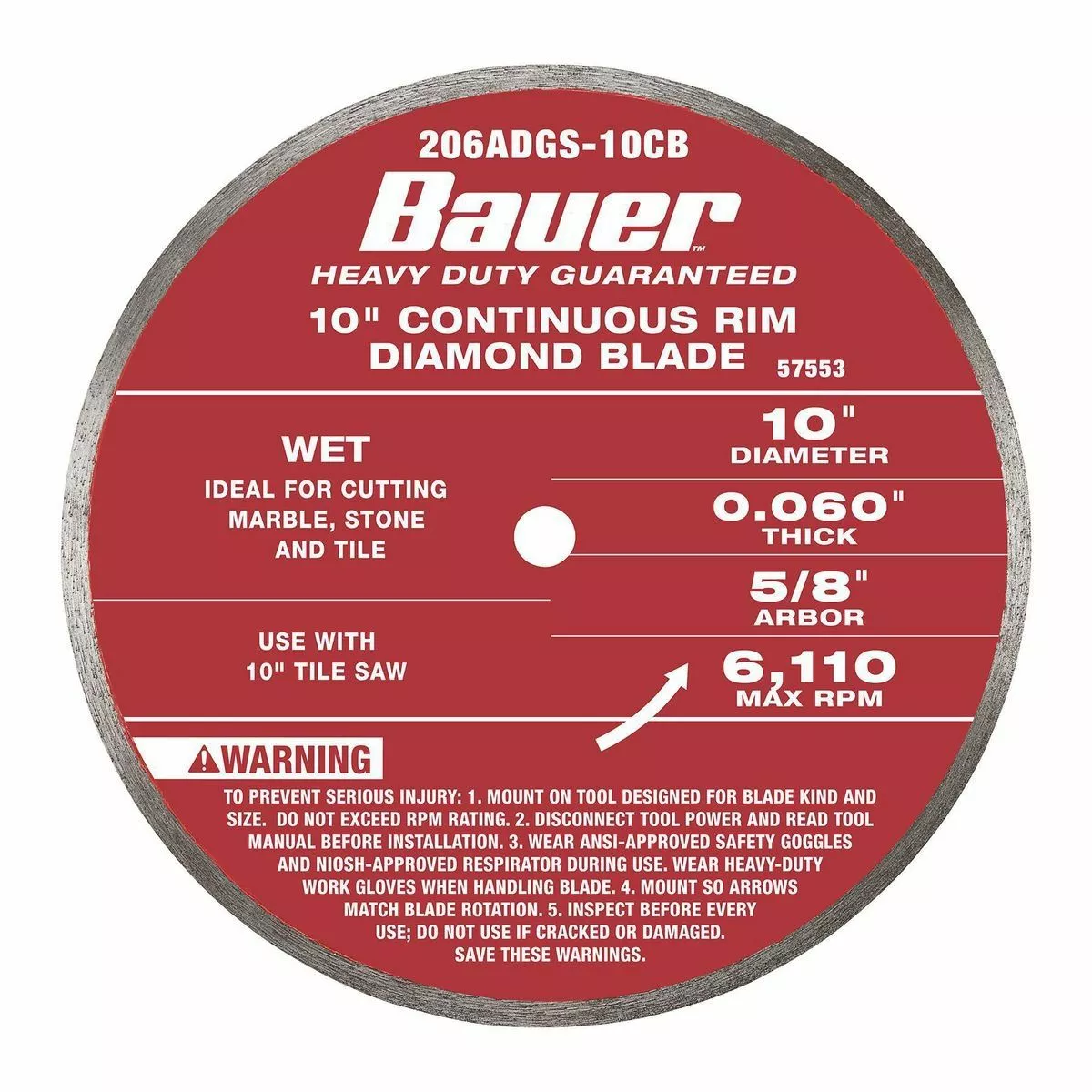 BAUER 10 in. Continuous Rim Wet Cut Diamond Saw Blade 2 BAUER 10 in. Continuous Rim Wet Cut Diamond Saw Blade - Image 2