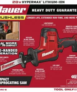BAUER 20V Brushless Cordless Compact Reciprocating Saw – Tool Only -Electrical Tools Shop 58458 W2SS
