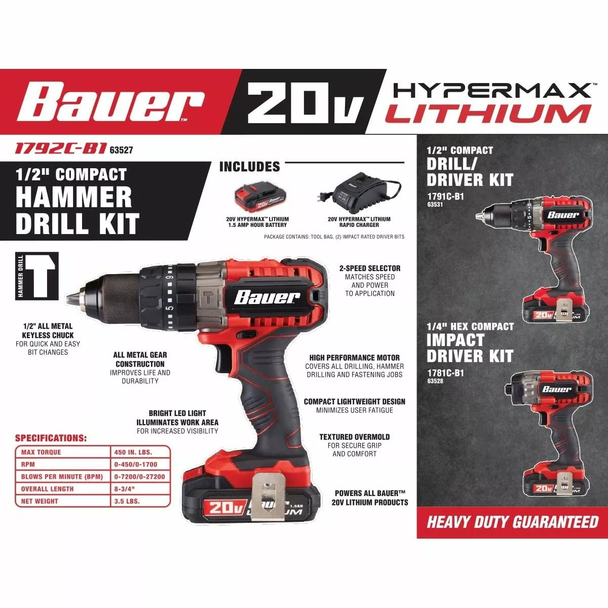 BAUER 20V Cordless 1/2 in. Variable Speed Hammer Drill/Driver Kit 3 BAUER 20V Cordless 1/2 in. Variable Speed Hammer Drill/Driver Kit - Image 3
