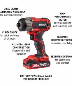 BAUER 20V Cordless 1/4 in. Hex Compact Impact Driver Kit with 1.5Ah Battery, Rapid Charger, and Bag 11 BAUER 20V Cordless 1/4 in. Hex Compact Impact Driver Kit with 1.5Ah Battery, Rapid Charger, and Bag -Electrical Tools Shop 63528 W2