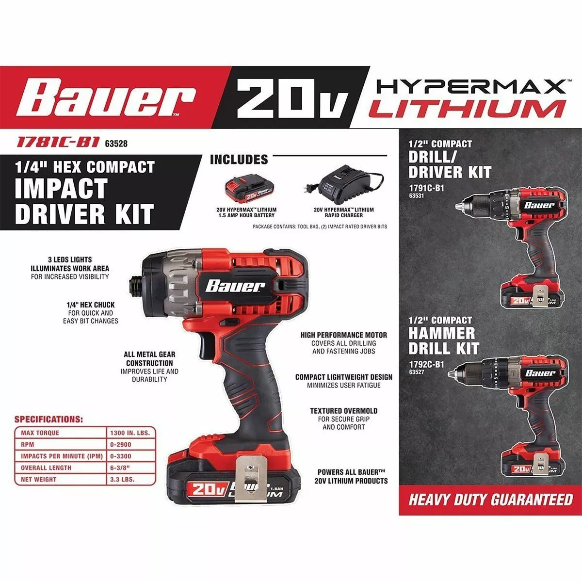 BAUER 20V Cordless 1/4 in. Hex Compact Impact Driver Kit with 1.5Ah Battery, Rapid Charger, and Bag 4 BAUER 20V Cordless 1/4 in. Hex Compact Impact Driver Kit with 1.5Ah Battery, Rapid Charger, and Bag - Image 4