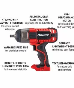 BAUER 20V Cordless 1/2 in. Impact Wrench - Tool Only 15 BAUER 20V Cordless 1/2 in. Impact Wrench - Tool Only -Electrical Tools Shop 63629 W2