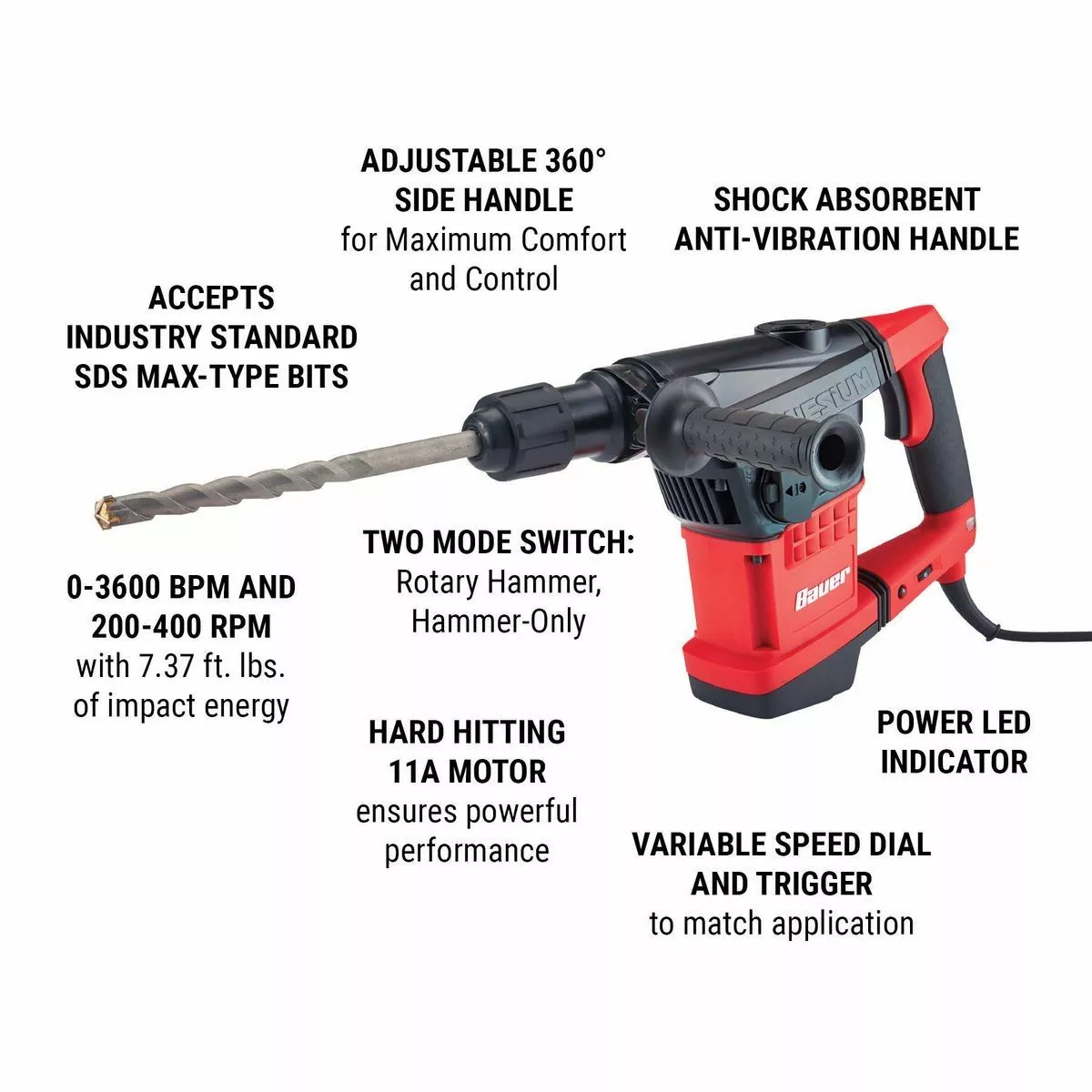 BAUER 11 Amp SDS Max-Type Variable Speed Rotary Hammer 3 BAUER 11 Amp SDS Max-Type Variable Speed Rotary Hammer - Image 3
