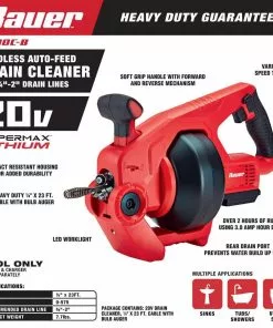 BAUER 20V Cordless Auto-Feed Drain Cleaner - Tool Only 16 BAUER 20V Cordless Auto-Feed Drain Cleaner - Tool Only -Electrical Tools Shop 64483 W2SS