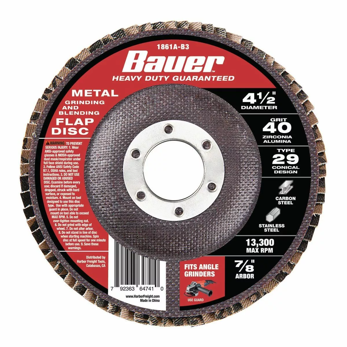 BAUER 4-1/2 in. 40 Grit Zirconia Type 29 Flap Disc 1 BAUER 4-1/2 in. 40 Grit Zirconia Type 29 Flap Disc