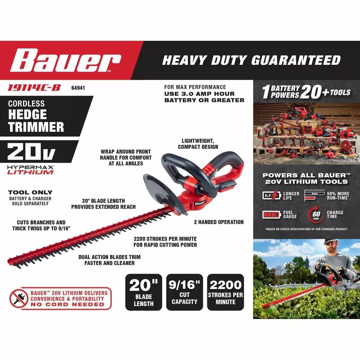 BAUER 20V Cordless Hedge Trimmer – Tool Only 6 BAUER 20V Cordless Hedge Trimmer – Tool Only - Image 6